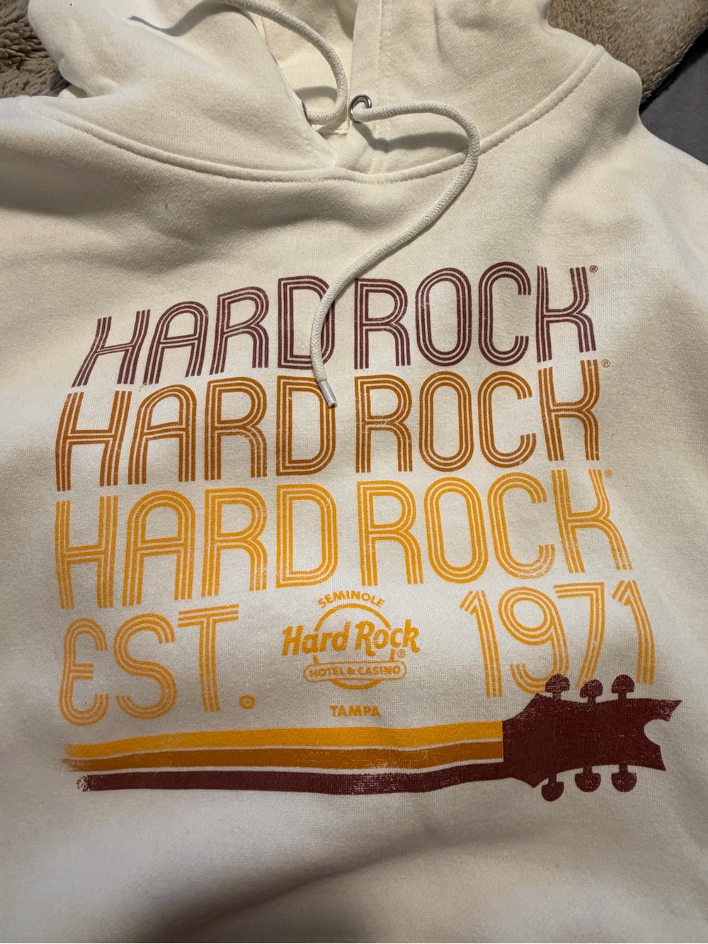 Hard Rock Cafe Cream Hoodie with Retro Yellow & Brown Logo